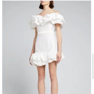 Markarian Grace off the shoulder white dupioni ruffle mini dress